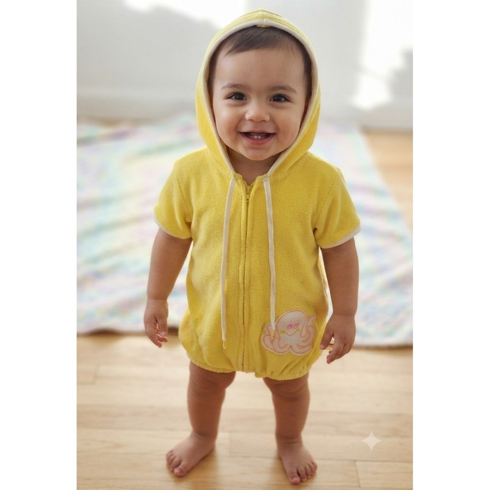 Carter's Hooded Romper Kids 12M Yellow Good Vintage Terry Cloth Octopus‎ Patch